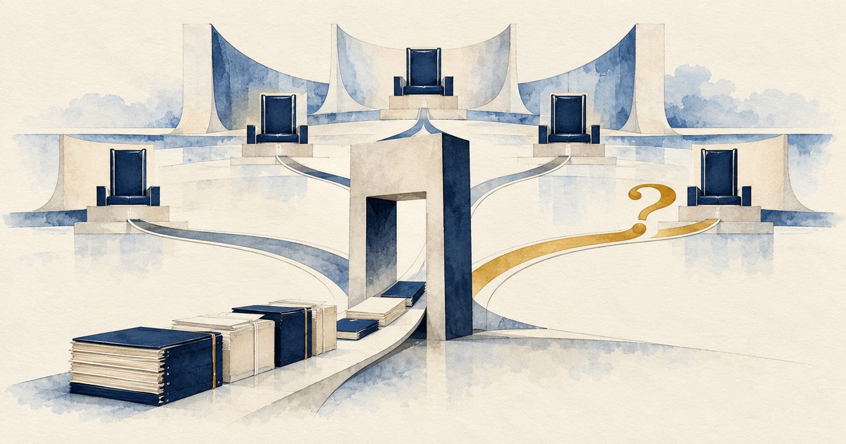 Ilustração editorial de processos que atravessam um filtro de entrada e seguem por caminhos distintos até cadeiras judiciais, simbolizando triagem e distribuição impessoal.