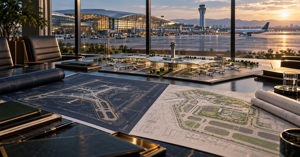 Maquete e planos de aeroporto sobre mesa de negociação, diante de terminal e torre de controle ao entardecer.