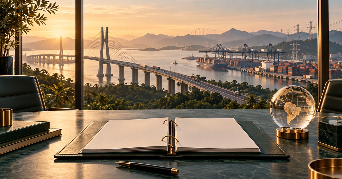 Pasta de contratos e globo sobre uma mesa diante de uma paisagem conceitual brasileira com ponte, terminal portuário e infraestrutura de energia.