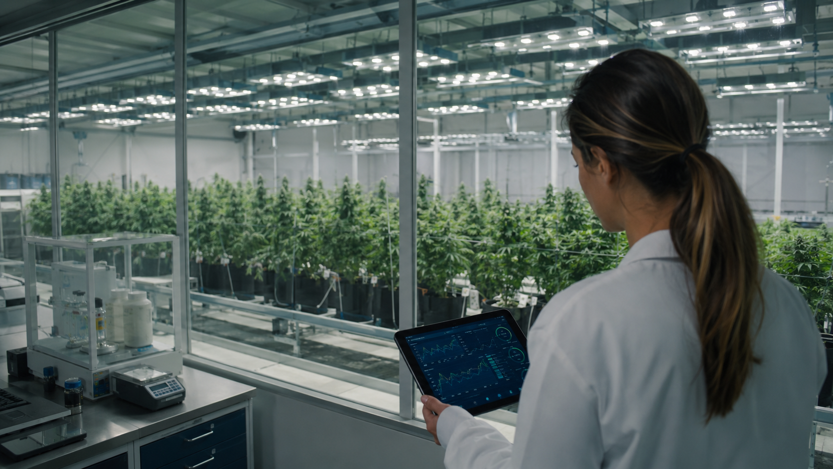 Profissional acompanha cultivo medicinal de cannabis em instalação tecnicamente controlada
