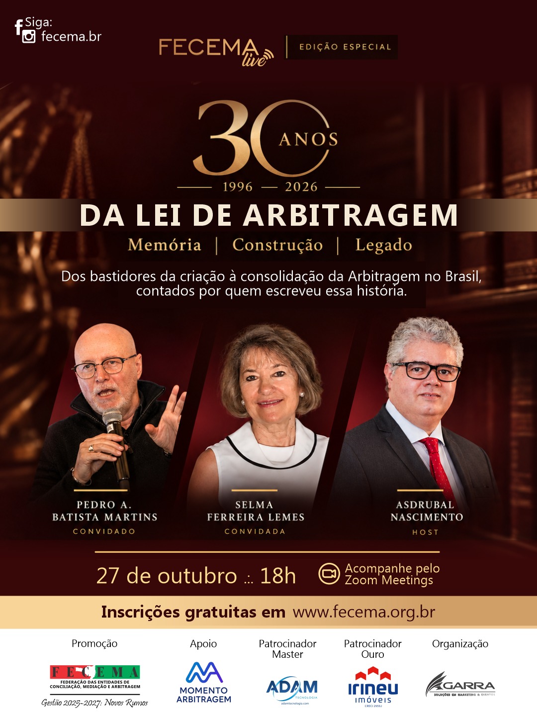 Cartaz oficial do FECEMA Live com Pedro A. Batista Martins, Selma Ferreira Lemes e Asdrubal Nascimento