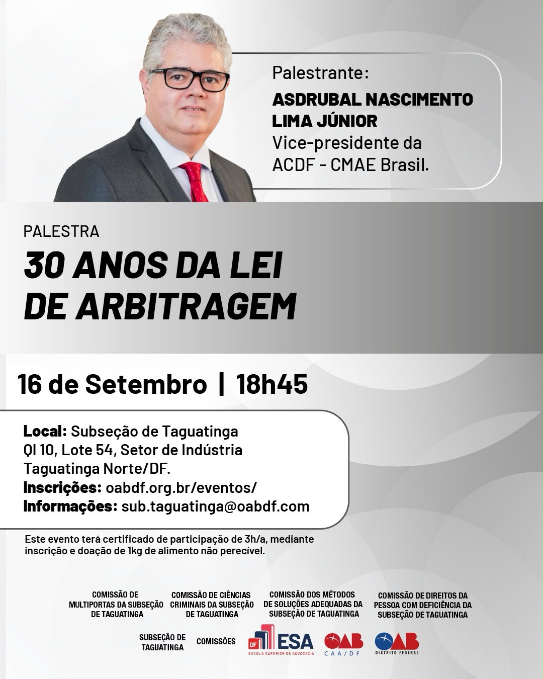 Cartaz da palestra 30 anos da Lei de Arbitragem, com Asdrubal Nascimento Lima Júnior, na OAB de Taguatinga, em 16 de setembro
