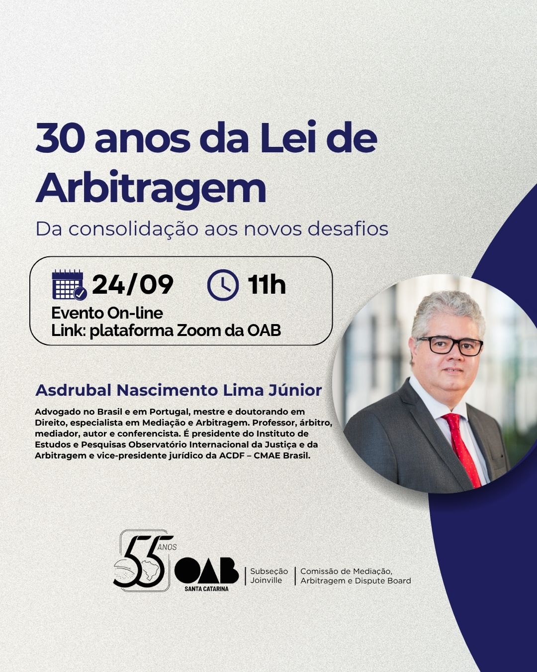 Cartaz oficial da palestra 30 anos da Lei de Arbitragem, com data, horário, palestrante e realização da OAB Joinville