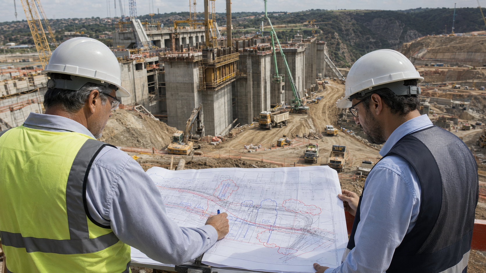 Profissionais analisam uma alteração de projeto diante de uma grande obra de infraestrutura em execução