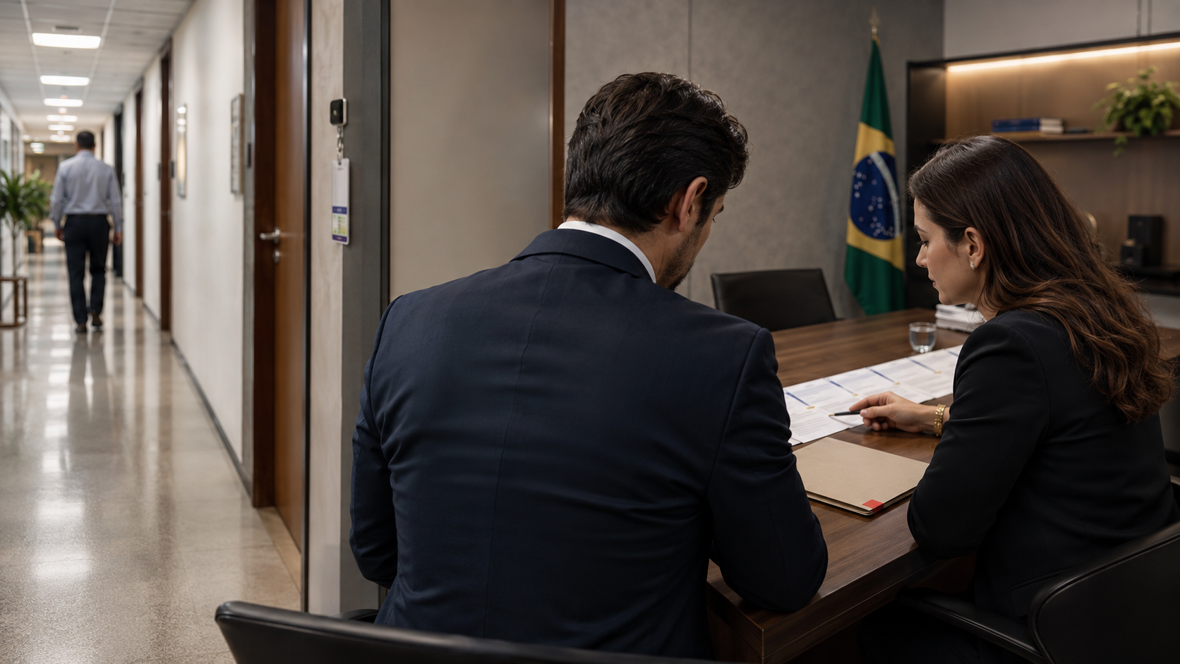 Servidor público e advogada examinam documentos em ambiente institucional brasileiro